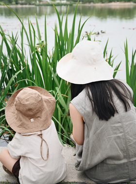盐巴手作 夏日亲子法式亚麻遮阳帽防晒帽 慵懒度假风轻薄大帽檐帽