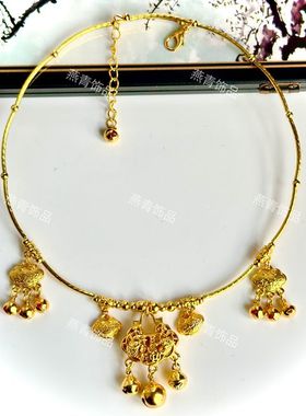 中国风汉服儿童成人款颈链项圈饰品金银色铃铛镂空长命锁项链女