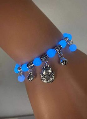 夜光石招财猫花生铃铛民族风手链