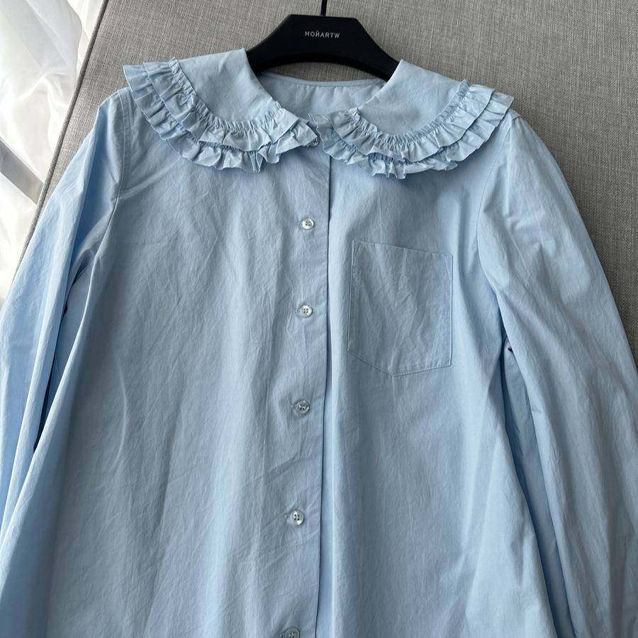 Mona家 100棉 简约百搭 娃娃翻领花边设计长袖衬衫女小个子2025新,淘宝优惠券,粉丝福利购,淘宝优惠卷