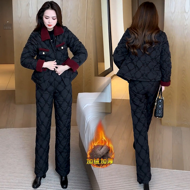 加绒加厚时尚套装女冬季洋气质小香风提花棉服外套保暖棉裤两件套,淘宝优惠券,粉丝福利购,淘宝优惠卷