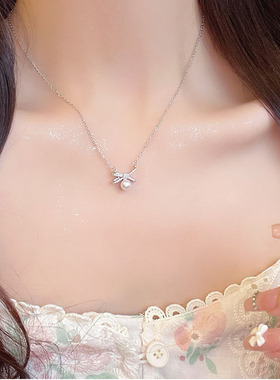 锆石蝴蝶结珍珠项链锁骨链女
