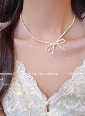 珍珠蝴蝶结项链锁骨链女仙气甜美