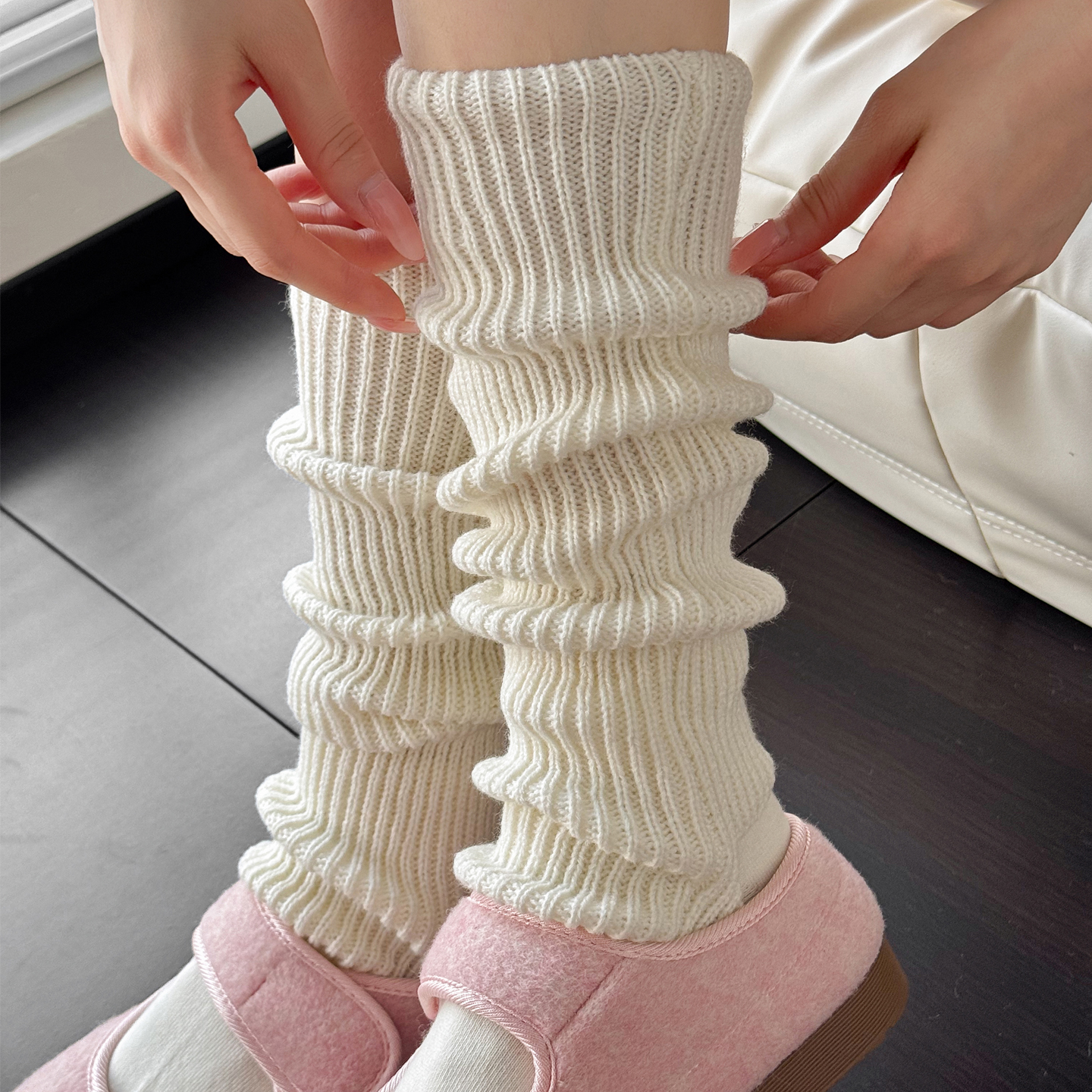 日系jk米白色腿套女秋冬款加厚保暖针织粉色袜套咖啡色中筒堆堆袜 - 图0