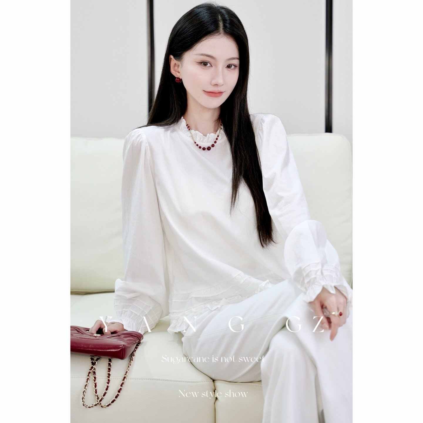 YANG GZ【白芷银光】新中式国风纯棉碎花荷叶边领口衬衫上衣女,淘宝优惠券,粉丝福利购,淘宝优惠卷