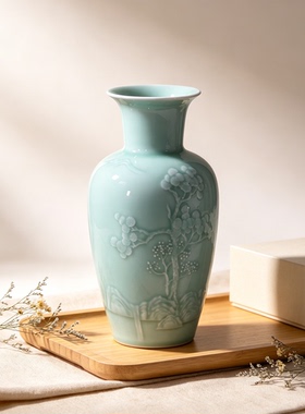 龙泉青瓷手工山水 松针刻绘花器摆件雷慧仙老师粉青花瓶摆件