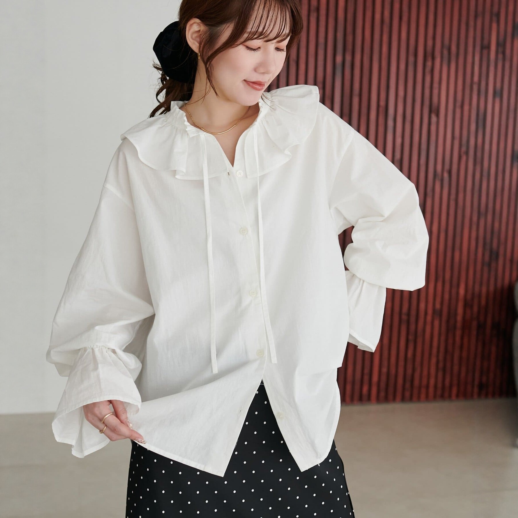 早秋日系DC荷叶褶边领系带喇叭袖纯棉宽松中长款甜美长袖衬衫