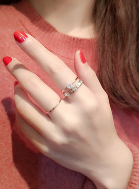 双层锆石戒指字母时尚镶钻潮人中