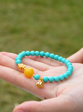 她世代蜜蜡菱镁矿仿绿松石圆珠手串湖绿色单圈手链文玩饰品