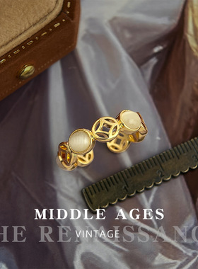 八方来财~vintage厚镀真金玻璃猫眼石戒指开口可调节极简风手饰女