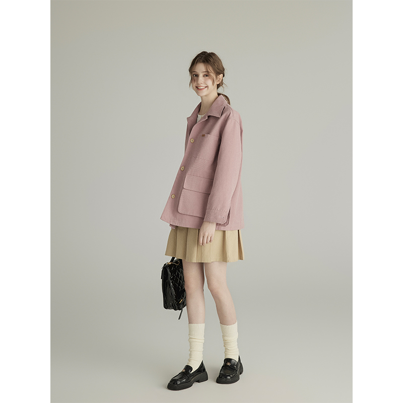 三十三【Nancy剧场】 粉色方领落肩袖设计感外套女学院风休闲上衣