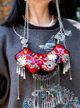 复古老绣苗银项圈 民族风老绣流苏项链 超夸张民族风苗银项链