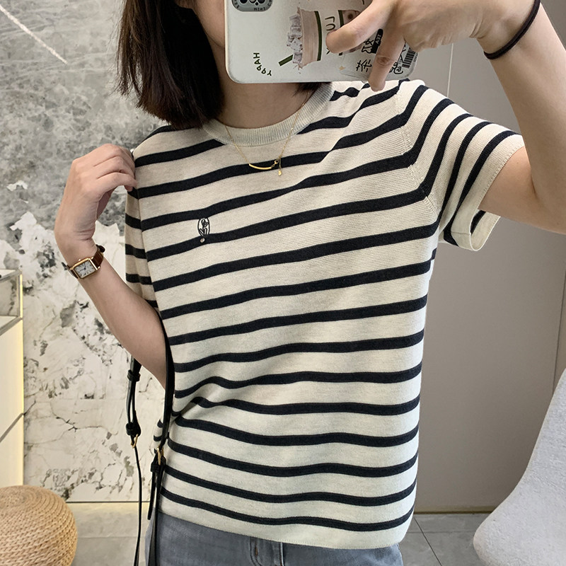 冰丝条纹基础款短袖女针织衫松弛感上衣2025早秋撞色经典打底T恤,淘宝优惠券,粉丝福利购,淘宝优惠卷