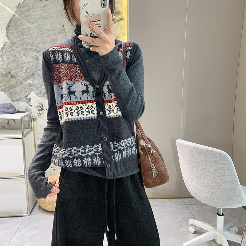 复古提花两件套针织马甲背心细羊毛混纺堆领针织衫女高领秋冬保暖,淘宝优惠券,粉丝福利购,淘宝优惠卷