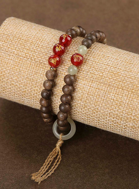 天然文莱沉香手串男多圈文玩本命年三合十二生肖和田玉珠手链