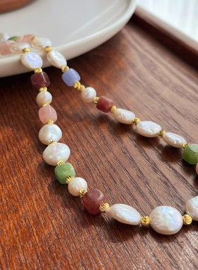 天然炫彩多巴胺风格巴洛克项链彩色串珠颈链时髦精OT扣项链女