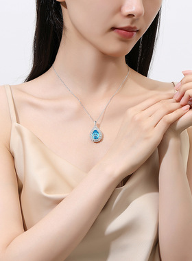 S925纯银彩宝项链宝石吊坠晚宴水滴祖母绿项饰品高档跨境女款项链