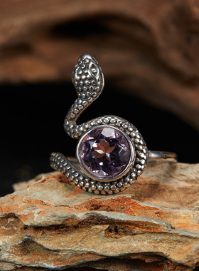 S925纯银天然紫水晶托帕猫眼彩宝泰银戒指蛇形潮人个性夸张开口戒