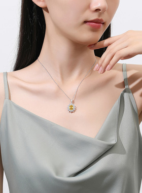 s925纯银太阳花项链女小众设计碎花切高碳钻高级感跨境彩宝石吊坠