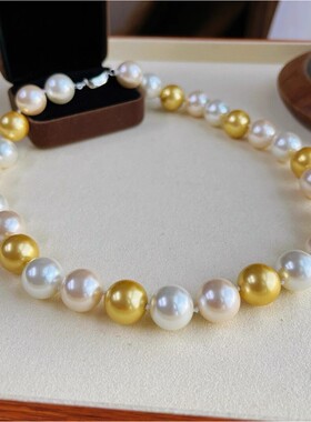 经典贝珠人造项链仿澳白南阳金珠间隔混彩12mm巨无霸珍珠项链女