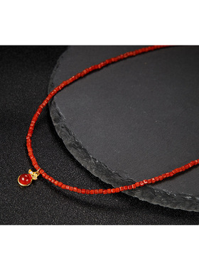 s925纯银手工编织天然南红玛瑙方糖宝石项链民族古风轻奢锁骨链