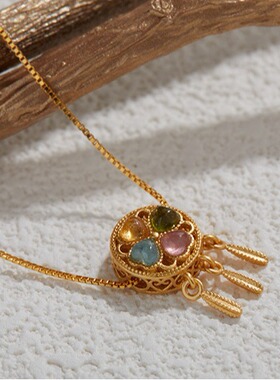 s925纯银古法金工艺项链镶嵌天然碧玺捕梦网复古高雅气质吊坠