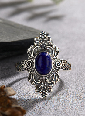 复古个性S925纯银镶天然青金蓝彩宝泰银戒指女尼泊尔风开口戒