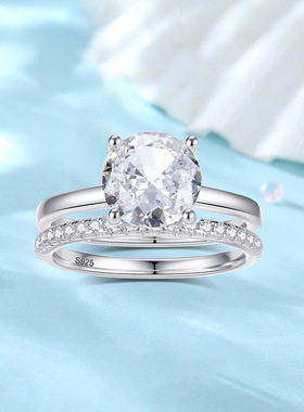 2ct超闪大高碳钻新娘套戒925银TikTok爆款排钻女戒指跨境手饰