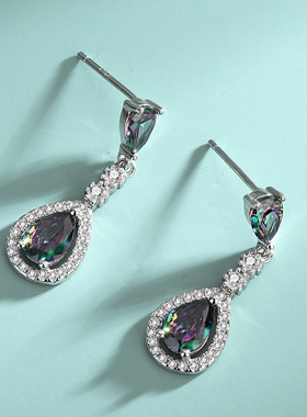 S925纯银镶嵌水滴七彩锆石项链耳环二件套装欧美时尚女款吊坠耳钉