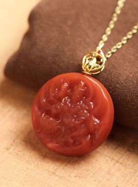通体金镶嵌天然南红玛瑙黄财神吊坠本命年雕刻国风复古女项链