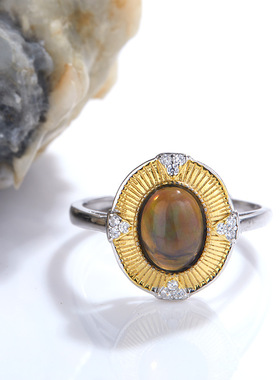 日韩新款轻奢高级感戒指女S925纯银镶天然欧泊开口戒小红书热销