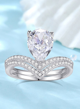 S925银镶2ct冰花泪高碳钻V形皇冠戒指女简约高级时尚双排钻戒