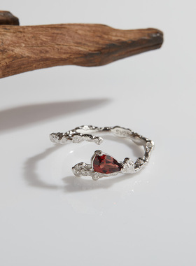 个性不规则肌理彩宝指环S925纯银镶天然石榴石透辉石托帕石戒指女