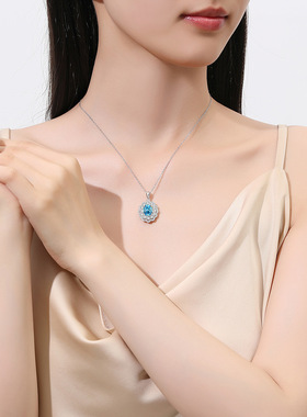 高碳钻S925纯银海蓝宝石海蓝色8A锆石碎花切项链女欧美跨境轻奢风