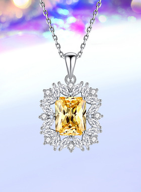 网红直播热卖s925银项链镶嵌8*10碎花切割祖母绿方形高碳钻吊坠女