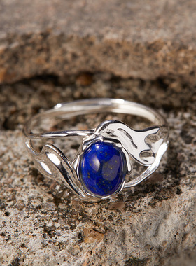 小众设计S925纯银天然青金虎眼石彩宝戒指女轻奢百搭不规则开口戒