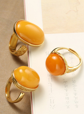 S925银镀天然蛋面蜜蜡戒指女新中式宫廷风简约气质琥珀指环可调节