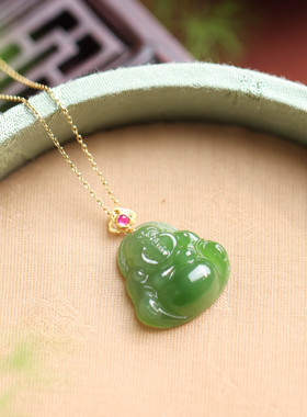 通体金镶嵌和田玉碧玉佛公大肚佛国潮国风气质女款吊坠