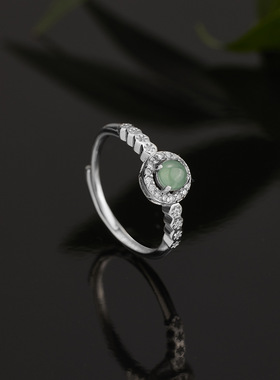 s925纯银新款危料翡翠A货圆包戒指小众轻奢高级感女生指环