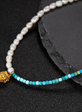 原创设计s925纯银拼接天然松石淡水珍珠宝石项链女松果吊坠百搭款