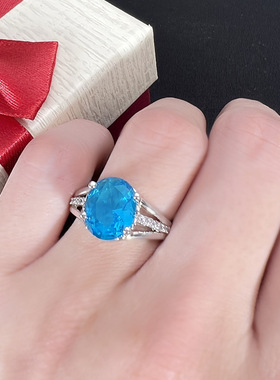 热卖开口海蓝钻蓝宝石戒指镀18K白金镶嵌蓝宝石鹅蛋宝石戒指