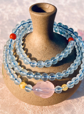 天然海蓝宝手链冰透水润蓝天然特级手链5.5mm珠海蓝宝多圈手串