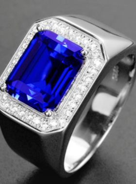 气质蓝刚玉戒指蓝宝石开口男戒指镀银镀白金坦桑色活口男戒厂家