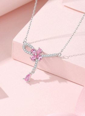 S925银流苏少女结项链女丝带结锁骨链轻奢个性吊坠镶粉钻颈链