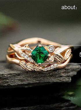 wish热卖新款花叶树枝正方钻戒指镀玫瑰金祖绿锆石花枝指环