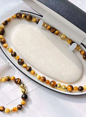 8-12mm精品天然虎眼石设计感项链手链耳钉套装