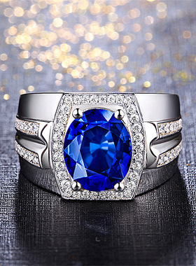 wish热卖至钻蓝钻男戒缅甸天然蓝宝石戒指镀18K金镶嵌流行戒指