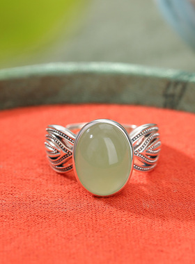 通体纯银S925纯银和田玉晴水玉复古国风蛋面戒指气质新中式银指环