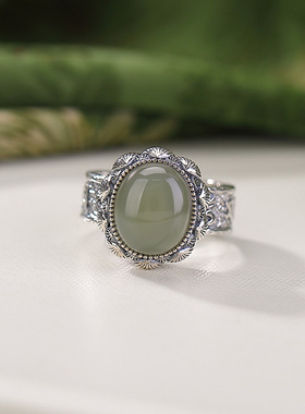 通体S925纯银天然和田玉青玉复古莲花六字真言蛋面国风戒指指环