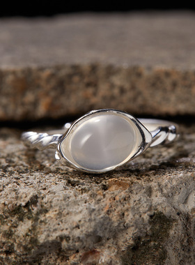 S925纯银天然黑玛瑙白玛瑙青金彩宝戒指女独特时尚百搭小红书热卖